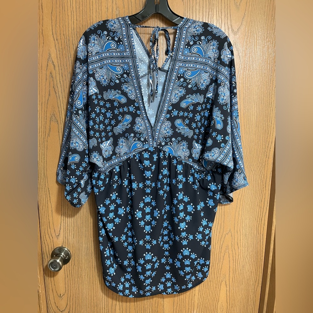 NWT Paisley Blouse in Blue and Black with a Tie Back
